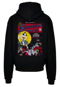 Felpa nera con cappuccio caratterizzata da un'illustrazione a fumetti colorata sul retro, che rappresenta Wonder Woman in una posa dinamica con uno sfondo a cerchio giallo.