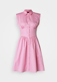 Abito senza maniche rosa con chiusura frontale a bottoni, vita aderente e gonna svasata. Realizzato in cotone morbido, presenta un design con colletto classico.
