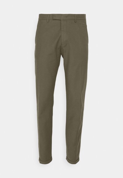 Khaki trousers, cotton material, straight-leg design, rolled cuffs, front pockets, flat front, minimal stitching details.