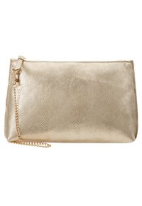 Metalická zlatá kabelka typu clutch s texturovaným povrchem, horním zipovým uzávěrem a odnímatelným řetízkovým popruhem. Obdélníkový tvar, elegantní design.