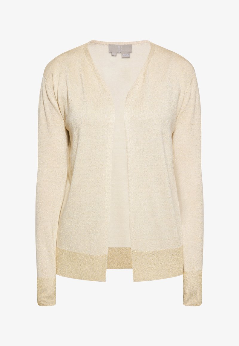 Helle beige Strickjacke aus weichem, strukturiertem Material. Sie hat einen V-Ausschnitt, offene Front und metallische Schimmerakzente am Saum und an den Bündchen.