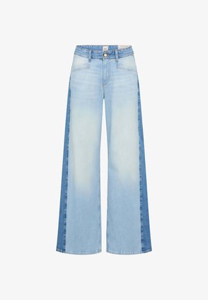 Lichtblauwe jeans met wijde pijpen en donkerblauwe zijpanelen, voorzakken, knoopsluiting en riemlussen.