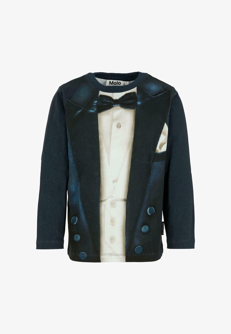 Svart långärmad skjorta med tryckt tuxedodesign som har vit skjorta, svart fluga och knappar, tillverkad av mjukt bomullsmaterial.