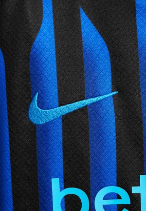 Black jersey with vertical blue stripes, featuring a turquoise Nike logo and the text "bet" in a bold blue font on the front.