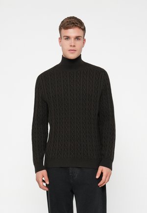 Black knitted turtleneck sweater with a textured cable pattern, ribbed cuffs, and hem. Straight fit, long sleeves, and a high neck.