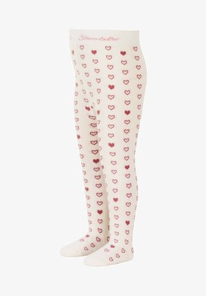Cremefarbene Strumpfhosen mit einem sich wiederholenden Muster aus kleinen rosa Herzen. Weicher Stoff mit einem elastischen Bund.