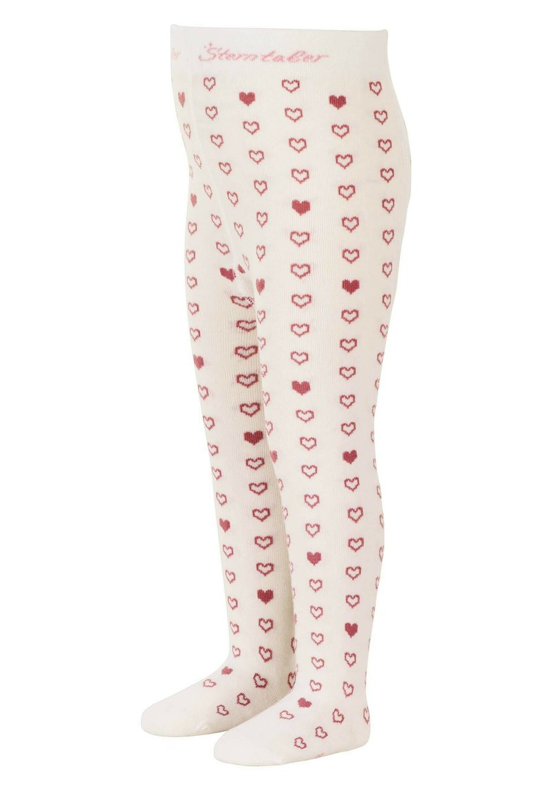 Cremefarbene Strumpfhosen mit einem sich wiederholenden Muster aus kleinen rosa Herzen. Weicher Stoff mit einem elastischen Bund.