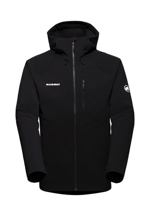 Svart Mammut-hoodie med framsidan blixtlås, bröstficka med blixtlås, logotyp på bröstet och ärmen, designad för utomhusbruk.