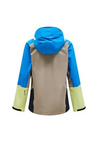 Wasserabweisende Jacke mit blauer Kapuze, beigem Körper und mehrfarbigen Ärmeln in Gelb und Marineblau, mit verstellbaren Bündchen und Logodetail.