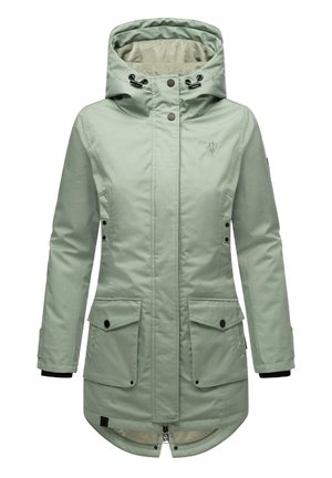 Jasnozielona parka z zapięciem na zamek, podwójnymi dużymi przednimi kieszeniami, regulowanym kapturem i miękką podszewką. Posiada haftowane logo na klatce piersiowej.