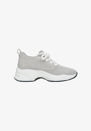 Gray knitted athletic shoe featuring white laces, a textured surface, a cushioned white midsole, and a black rubber outsole.