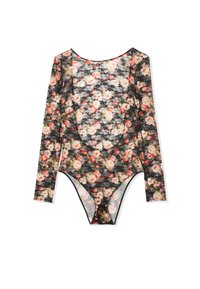 Lange mouw bodysuit gemaakt van sheer zwarte kant, met een bloemenpatroon in roze en wit. Elastische randen en een ronde halslijn.