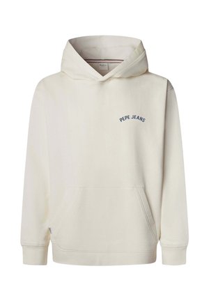 Hellcremefarbener Kapuzenpullover aus Baumwolle, mit einer Vorderseite Tasche und "PEPE JEANS" in Marineblau gestickt. Einfaches Design mit gerippten Bündchen.