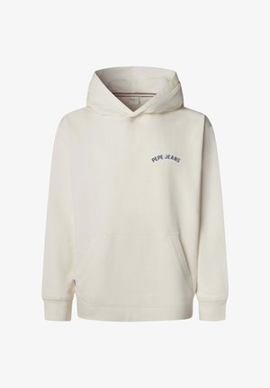 Hellcremefarbener Kapuzenpullover aus Baumwolle, mit einer Vorderseite Tasche und "PEPE JEANS" in Marineblau gestickt. Einfaches Design mit gerippten Bündchen.