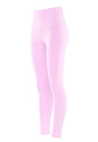 Růžové legíny s vysokým pasem, vyrobené z hladkého, elastického materiálu. Mají švové detaily po stranách a nenápadné logo na kotníku.