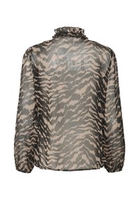Durchsichtige Bluse in Beige mit schwarzen Tigersträifen, mit einem Rüschenausschnitt und Puffärmeln. Glatte Textur und leichtes Material.