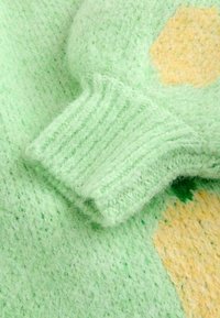 Gaiši zaļš adīts vilnas džemperis ar teksturētu virsmu un ribām aprocēs, izcils ar lielu dzeltenu akcenta rakstu.