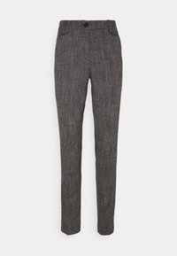 Grijze gestreepte broek met een aansluitende pasvorm, voorzien van een gladde textuur, zijzakken en een enkele knoopsluiting op de tailleband.
