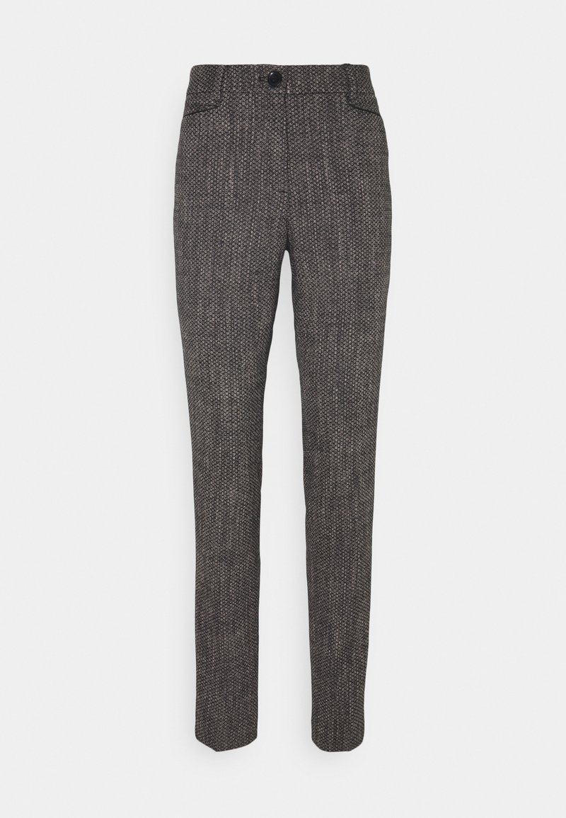 Grijze gestreepte broek met een aansluitende pasvorm, voorzien van een gladde textuur, zijzakken en een enkele knoopsluiting op de tailleband.