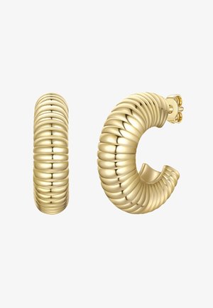 Cercei rotunzi cu ton auriu, având o suprafață striată, cu un design spiralat și un sistem de prindere tip clip. Textură netedă și finisaj lustruit.