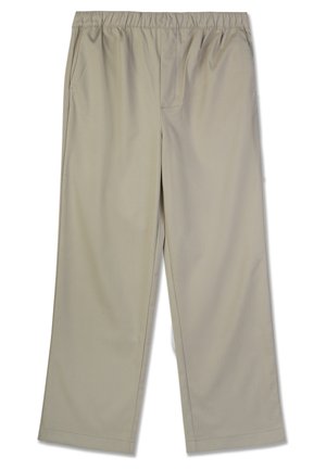 Beige wide-leg trousers with an elastic waistband, two side pockets, and a smooth fabric texture.