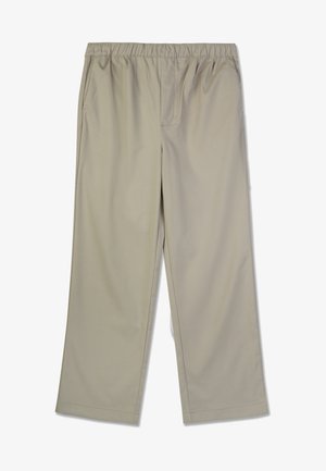 Béžové široké kalhoty s elastickým pasem, dvěma bočními kapsami a hladkým textilním povrchem.