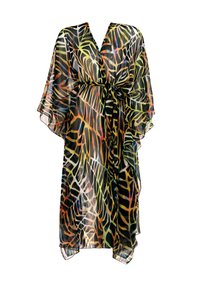 Przezroczysty, wielokolorowy szlafrok w stylu kimono z abstrakcyjnym wzorem zwierzęcym, z falującymi rękawami i wiązanym paskiem w talii.