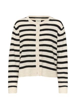 Gestreifter Cardigan in Creme und Schwarz. Weiche, flauschige Textur mit Knopfriegelverschluss und rundem Ausschnitt. Kurz geschnittenes Design mit langen Ärmeln.