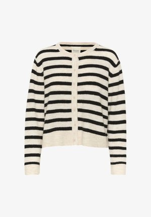 Triibuline kardigan kreemi ja musta värviga. Pehme, uduslik tekstuur, millel on nööpide eesmine sulgur ja ümar kaelus. Lühendatud disain, millel on pikad varrukad.