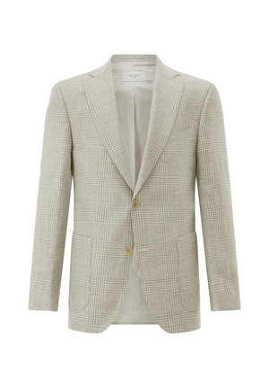 Light grey checked blazer with two buttons, notched lapels, front patch pockets, and a smooth inner lining.