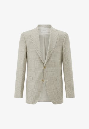 Light grey checked blazer with two buttons, notched lapels, front patch pockets, and a smooth inner lining.