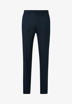 Marineblaue maßgeschneiderte Hose mit glatter Textur, geradem Beindesign und subtilem Muster, ausgestattet mit Gürtelschlaufen und vorderen Falten.