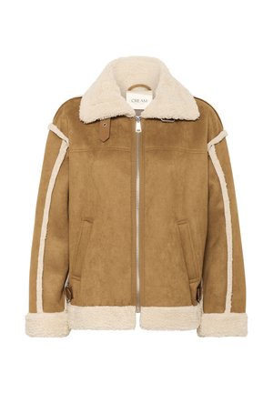 Braune Wildleder-Jacke mit Schaffellfutter, einem beigefarbenen Kunstfellkragen, Reißverschlüssen, seitlichen Taschen und kontrastierenden beigen Einsätzen entlang der Ärmel.