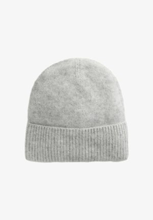 Weiche hellgraue gestrickte Mütze mit umgeschlagenem Rippbündchen, entwickelt für Wärme.