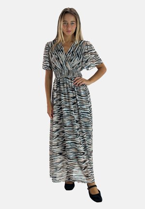 Robe maxi avec un motif rayé tigre en noir, beige et bleu clair. Fabriquée en tissu léger, elle dispose de manches courtes à volants et d'une taille élastique.