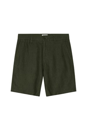 Lässige Shorts in Olivgrün mit Gürtelschlaufen, Knopfverschluss vorne, Seitentaschen und geradem Saum.