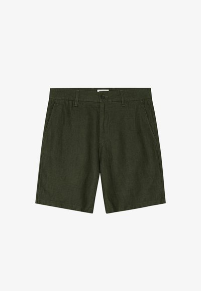 Lässige Shorts in Olivgrün mit Gürtelschlaufen, Knopfverschluss vorne, Seitentaschen und geradem Saum.