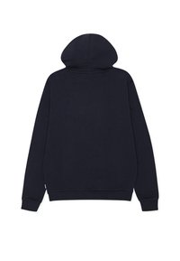 Námornícka modrá mikina s kapucňou, voľného strihu, s jemnou textúrou, dlhými rukávmi a minimalistickým dizajnom bez viditeľného loga alebo vzorov.