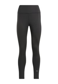 Leggings neri realizzati in materiale elasticizzato, con vita alta, texture liscia e un piccolo logo sulla parte inferiore della gamba sinistra.