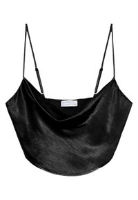 Zwarte cowl-neck cami-top gemaakt van gladde satijnen stof. Voorzien van dunne verstelbare bandjes en een losse, vloeiende silhouet. Etiket zichtbaar in het midden.