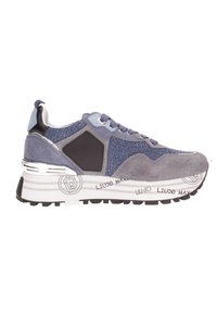 Sneaker con una toma superiore in materiali misti, con suede blu e rete, accenti neri e una suola bianca spessa con battistrada nero e dettagli del logo.