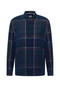 Camicia button-up di colore blu navy con un motivo a quadri che presenta accenti verdi, marroni e bianchi; maniche lunghe e design con colletto classico.