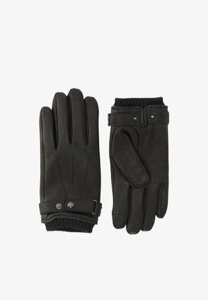 Schwarze Lederhandschuhe mit weicher Textur, fünf Finger Design, geripptem Bündchen und Knopfakzent für eine verstellbare Passform.