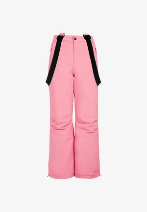 Różowe spodnie narciarskie z czarnymi regulowanymi ramiączkami, zamkniętą kieszenią i szerokimi nogawkami, charakteryzujące się gładką teksturą i wzmocnionymi brzegami.