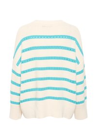 Übergroßer Strickpullover mit cremefarbenen und türkisfarbenen horizontalen Streifen, der mit strukturierten Details und offenen Nähten für zusätzliche visuelle Interessen versehen ist.