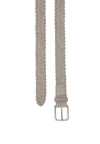 Geflochtener grauer Textilegürtel mit einer glatten Lederspitze. Verfügt über eine silberne Metallschnalle und eine flache, gewebte Textur.