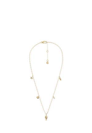 Zarte Halskette aus Goldkette mit kleinen Anhängern, darunter ein Fisch, ein Seestern, eine Muschel, eine Perle und ein Blatt, mit einem verstellbaren Verschluss.