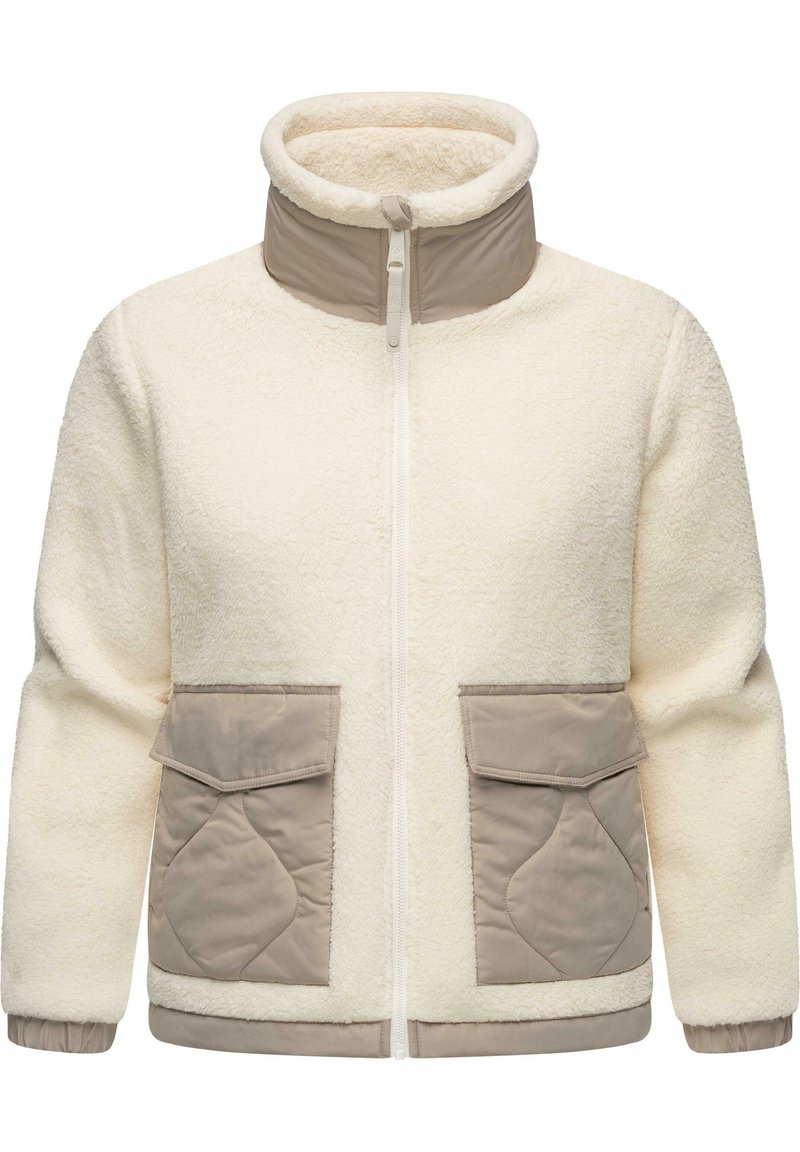 Crème kleur fleece jacket met een hoge kraag, rits aan de voorkant en twee beige opgestikte zakken met een quilted design. Elastische manchetten en onderrand.