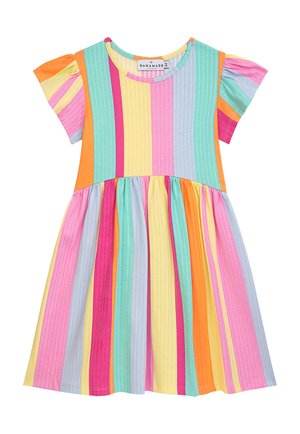 Gestreiftes Kleid mit rundem Ausschnitt und kurzen Rüschenärmeln, aus leichtem Stoff in Pastellfarben: Rosa, Gelb, Blau, Orange und Grün.
