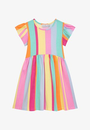 Gestreiftes Kleid mit rundem Ausschnitt und kurzen Rüschenärmeln, aus leichtem Stoff in Pastellfarben: Rosa, Gelb, Blau, Orange und Grün.